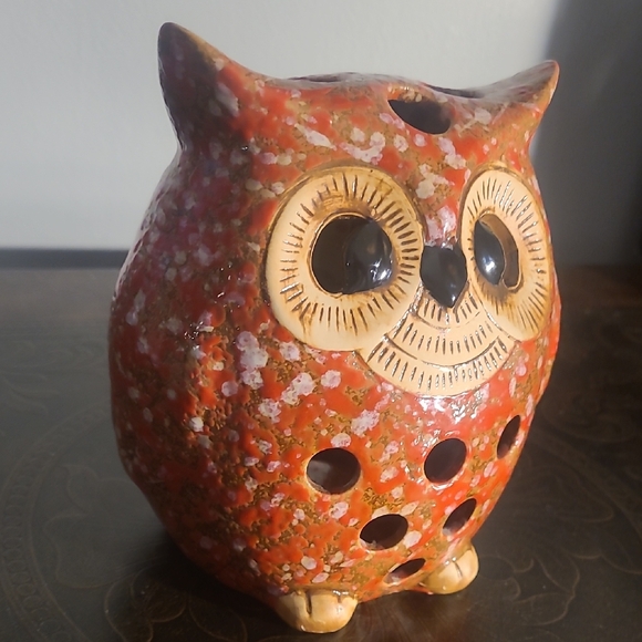 Handcrafted Ceramic Owl Lantern - Red and Brown - Picture 4 of 4